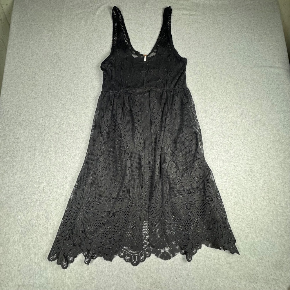 Free People Black Lace Metallic Glitter Sleeveless Midi Dress Size 8 V-Neck